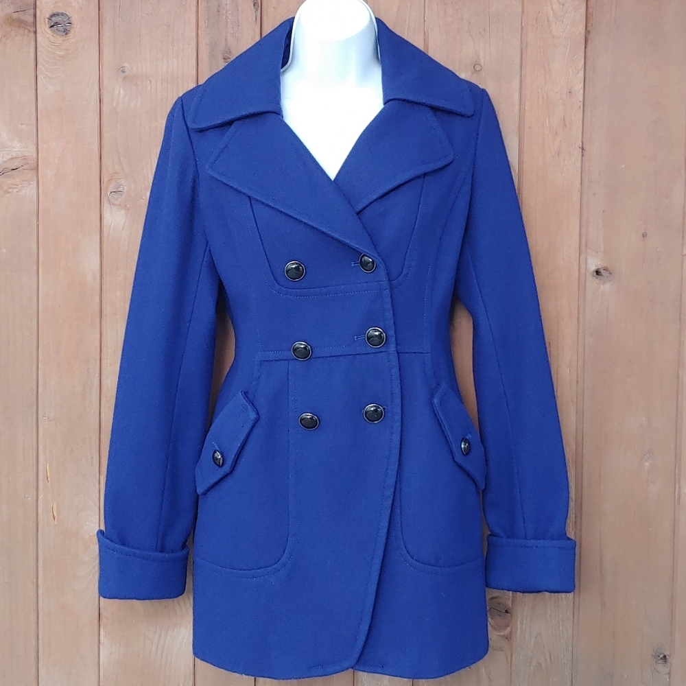 True blue double-breasted wool Guess coat